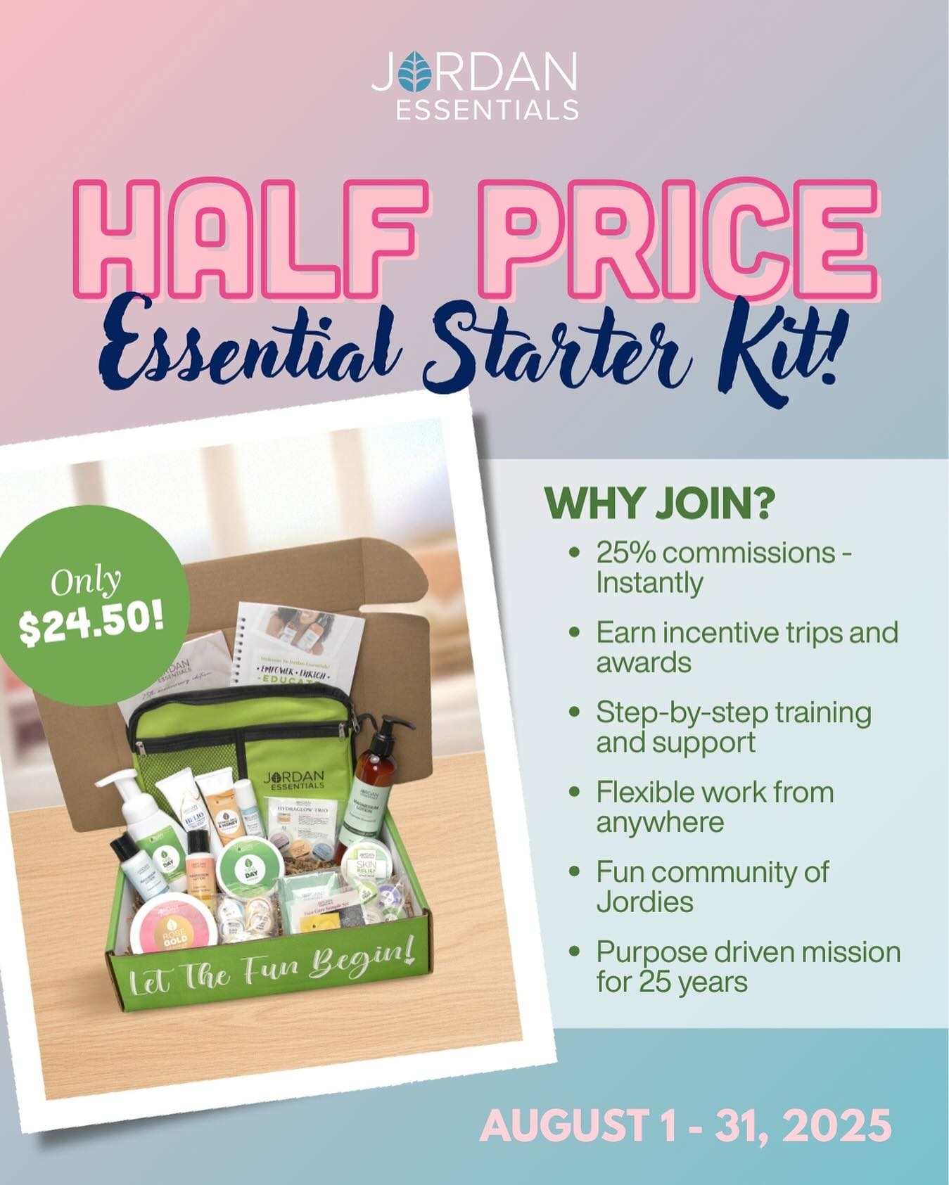 💌 Reminder:  Until 8/31, you can start your Jordan Essentials journey for HALF the usual price.  That means more products, more perks, and a whole lot of fun....for less! 
.
How would you use your kit?  To make extra?  To share with a few friends?  Or just for a great discount to treat yourself?! 💚